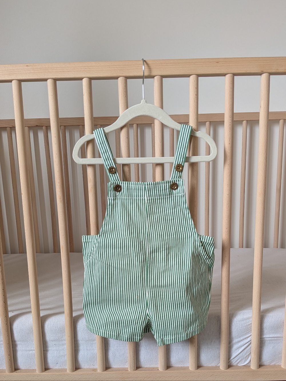2-3 T - Oona Baby -  Green Stripe Kids Overalls Shorts - Children's Summer Marin